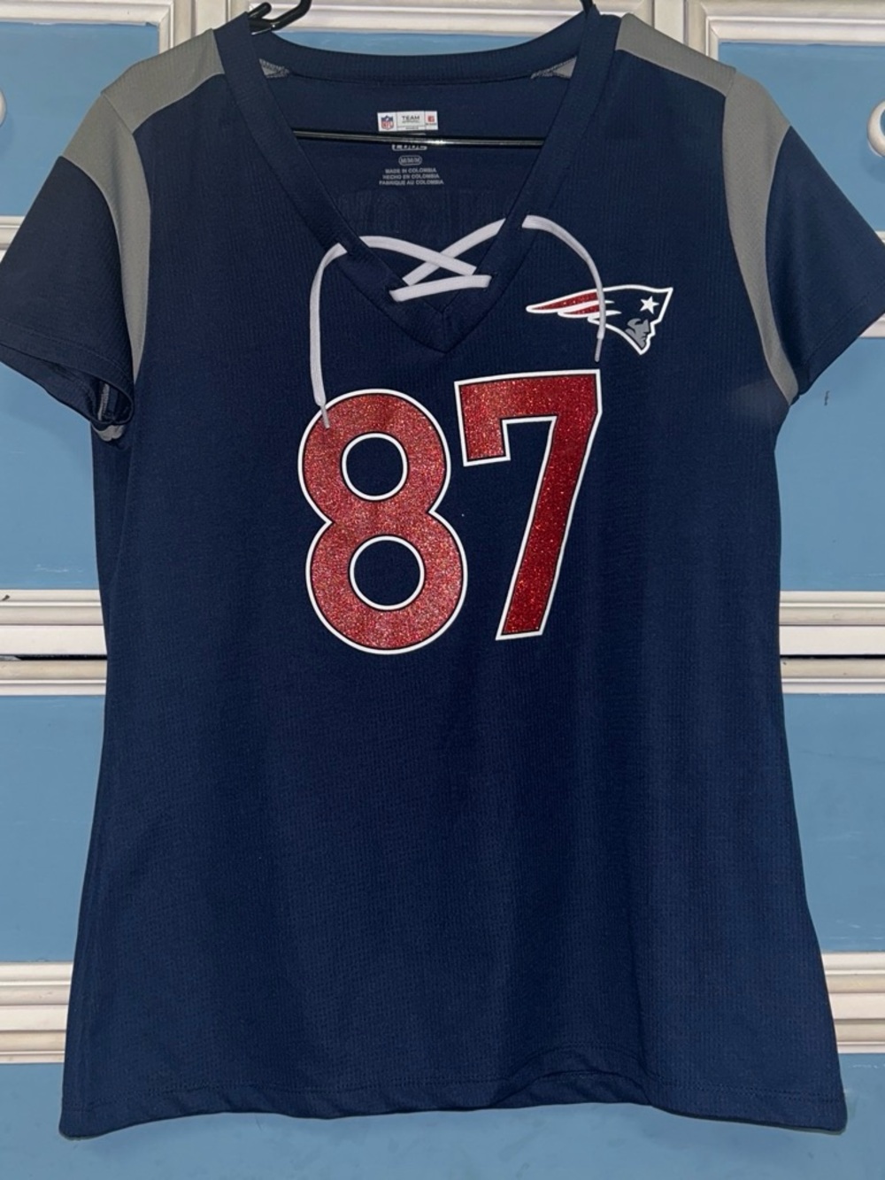 NFL Women’s Navy Lace-Up Jersey Top with Red Glitter 87 Gronkowski